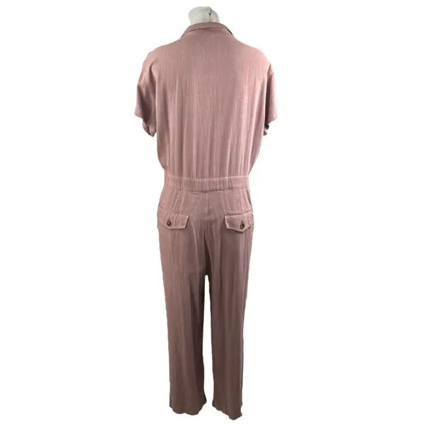 Free People Margot Pink Linen Short Sleeve Button Straight Leg Romper Jumpsuit M - Image 2