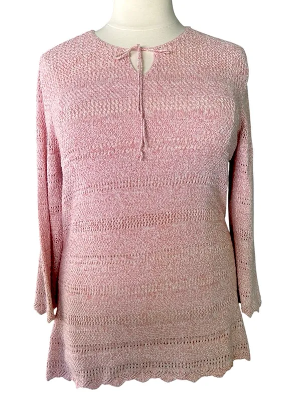 Denim & Company Light Pink Knit Tie-Neck Pointelle Sweater Size Large - Image 2