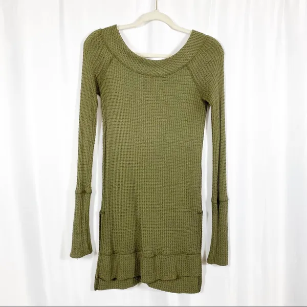 Free People Kate Thermal Long Sleeved Top: Olive Army Camo Green - Image 2