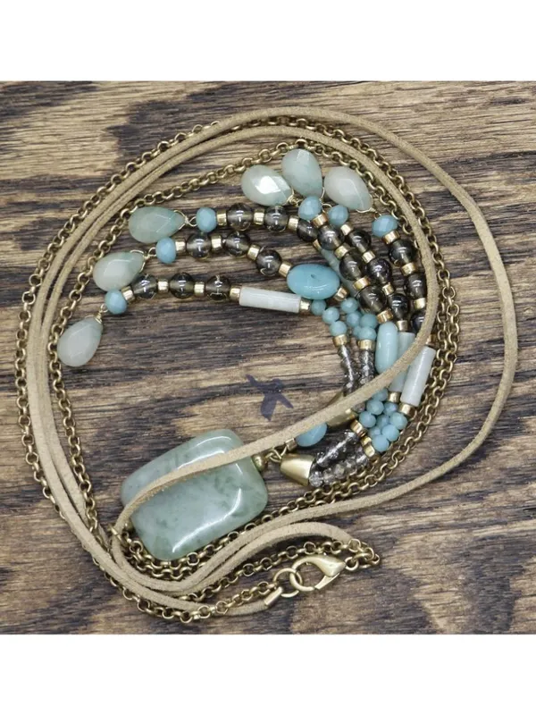 Tassel Pendant Necklace with Faux Leather Cord Tan Brown / Blue Multi 28" - Image 2