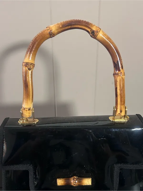 Black Patent Top-Handle Bag with Bamboo Accent - Image 3