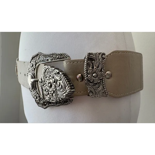 Taupe Double Silver Buckle Elasticized Back Belt - Image 7