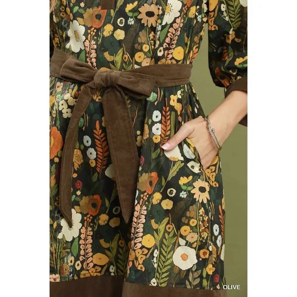 Umgee Floral Print Belted Puff Sleeve Mini Dress - Olive - Small - Image 5