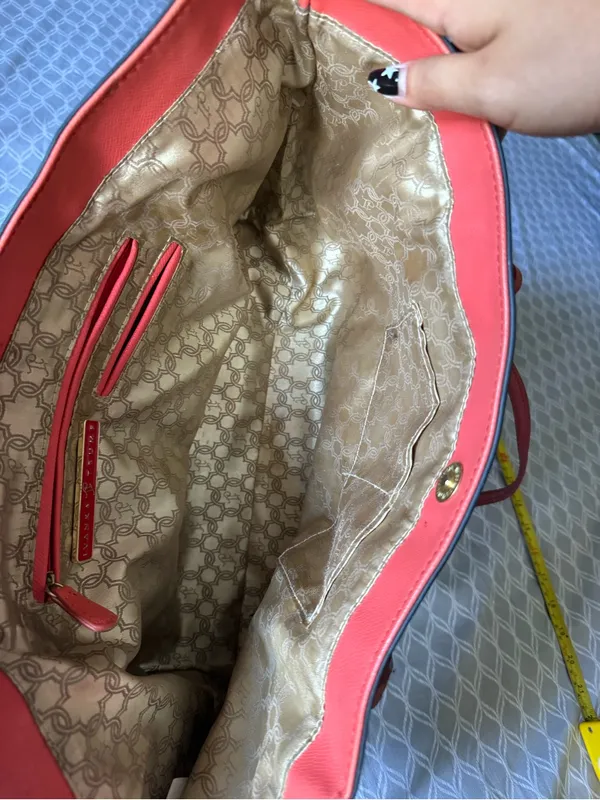 Stylish Navy Patterned Tote with coral Trim Blue - Image 9