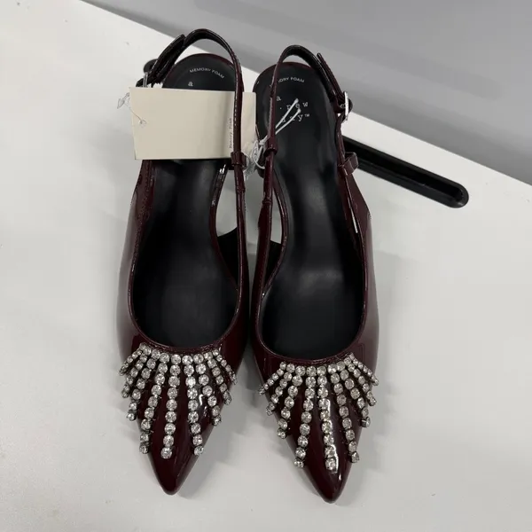 A New Day Burgundy Patent Rhinestone Slingback Pumps Pointed Toe Heels 9.5 - Image 3