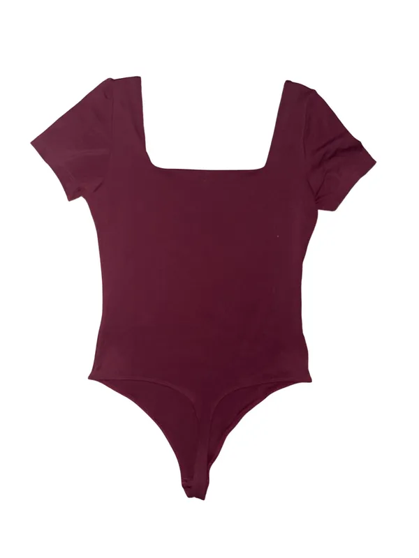 Square Neck Short Sleeve Thong Bodysuit - Wine 🍷 (Color) - Image 4