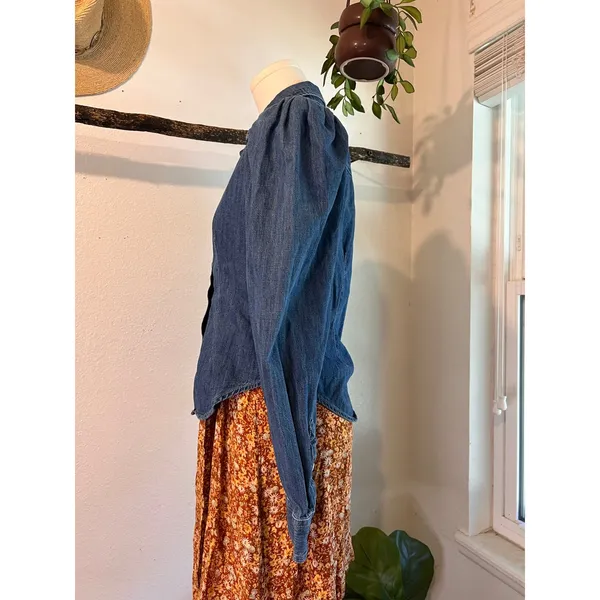 Express Blue Cotton Denim Puffed Long Sleeve Button Front Blouse Size XS - Image 4