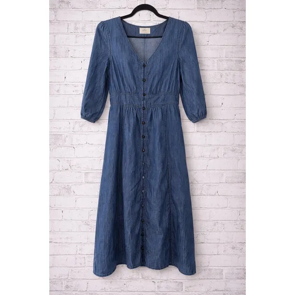 Madewell Denim Button Front Midi Dress Blue V-Neck Puff Sleeve Size 0 G7873 - Image 2