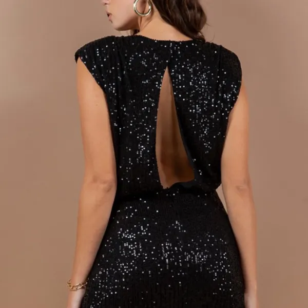 Sequin Shoulder Padded Ruched Dress Black - Image 2