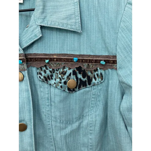 Vintage Y2K Nancy Bolen Southwestern Leopard Western Denim Jacket City Girl 10 - Image 4