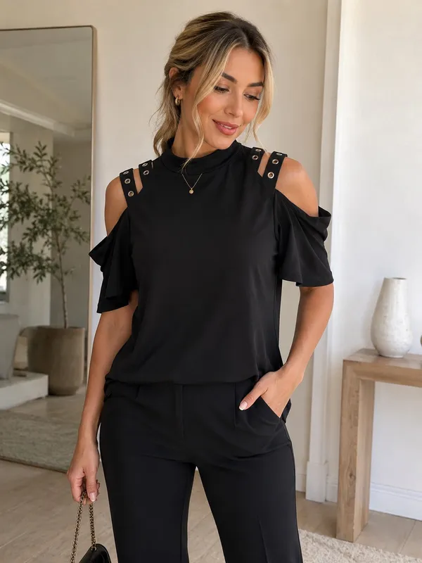 Women’s Black Cold Shoulder Blouse Ruffle Sleeve Casual Top - Image 2
