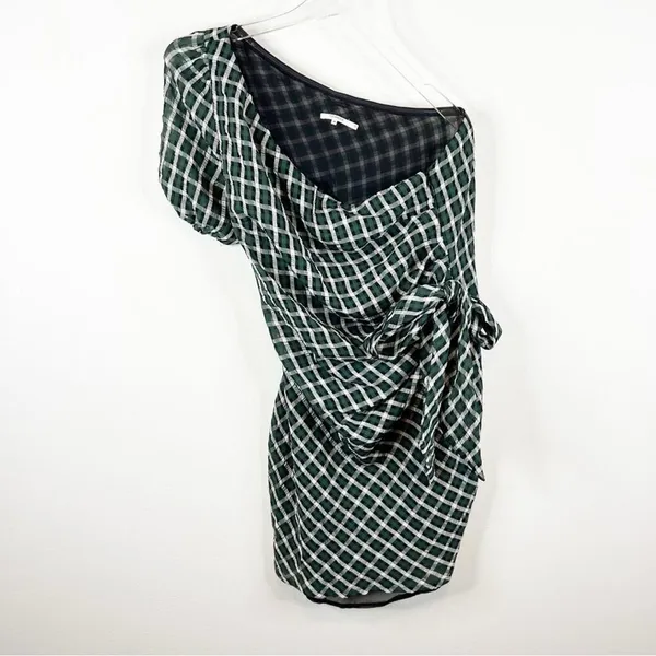 Tularosa One Shoulder Mini Dress Women's Size M‎ Green Plaid Wedding Guest - Image 2