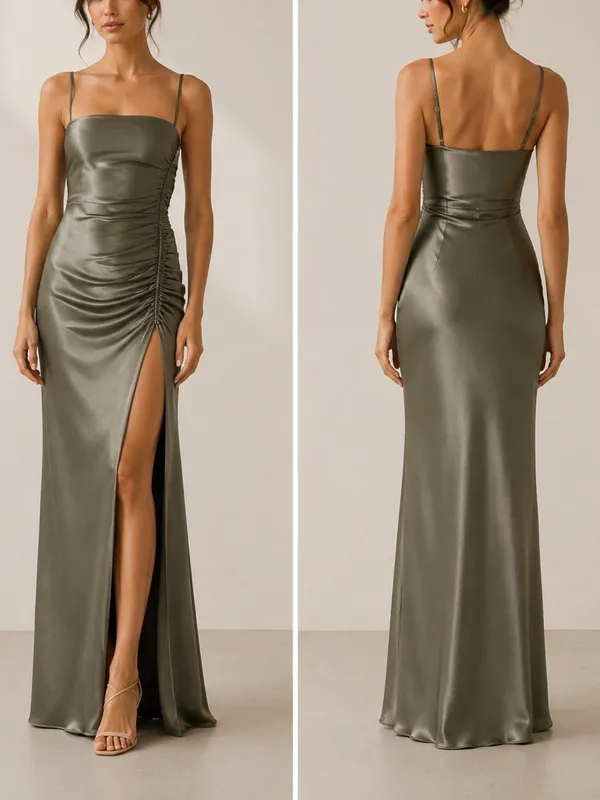 Shona Joy La Lune Olive Satin Ruched High Slit Formal Maxi Dress Gown - Image 12