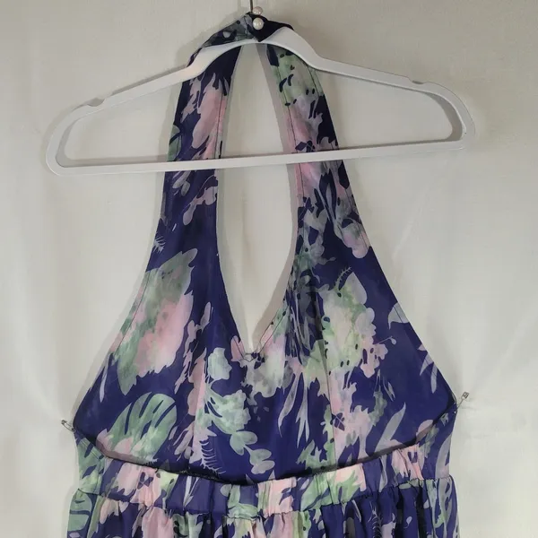 Floral Halter Romper Maxi Dress High Low Built In Shorts Purple Pink Size M - Image 10