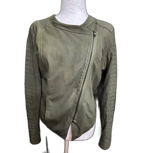 Cupcakes & Cashmere Moto Jacket Olive Green‎ Faux Suede Asymmetric Zip Vegan M - Image 3