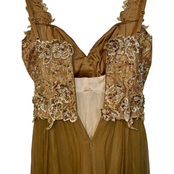 NWT Mandalay Brown Gold Lace Beaded Embellished Long Evening Gown Dress Size 8 - Image 9