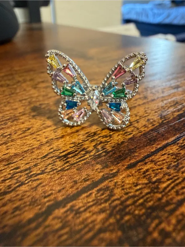 Adjustable Colorful Butterfly Ring Silver Plated Multi CZ Crystal Statement Jewe - Image 3