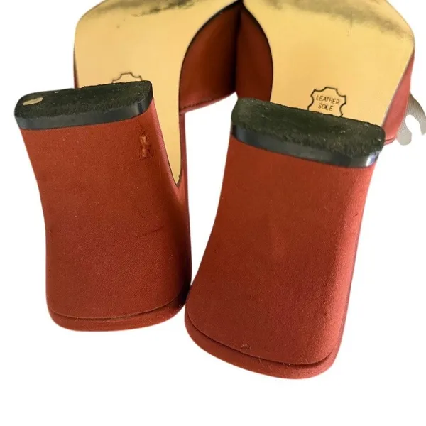 Y2k 90s Minimalist Orange Red Rust Satin Square Toe Chunky Kitten Heel - Image 4