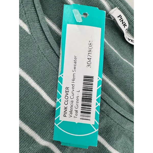 Pink Clover Sweater Sz L Green Striped Lightweight Knit Curved Hem Layering Fall - Image 10