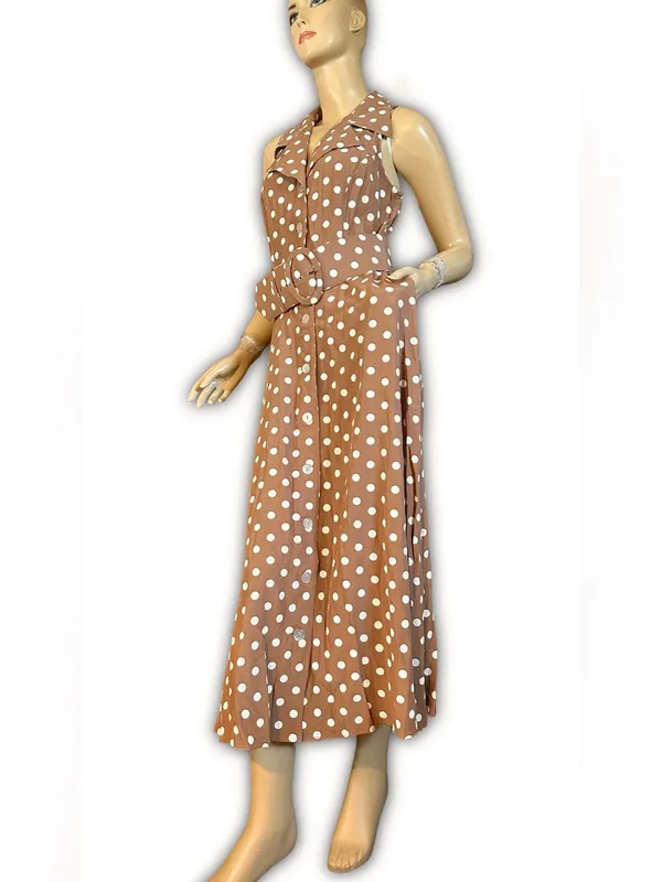 Vintage 1990'S All That Jazz Brown & White Polka Dot Print Dress W/Belt (8) - Image 6