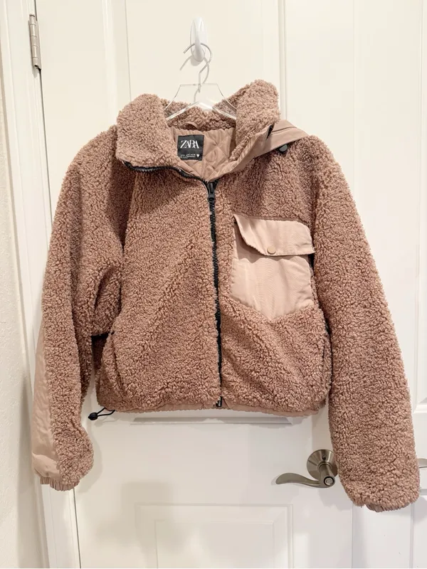 ZARA Sherpa Contrast Hooded‎ Bomber Jacket size Medium Teddy - Image 6