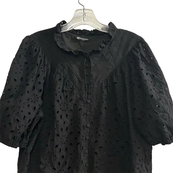 PrettyGarden‎ Women's Black Embroidered Blouse L Long Puff Sleeve - Image 3