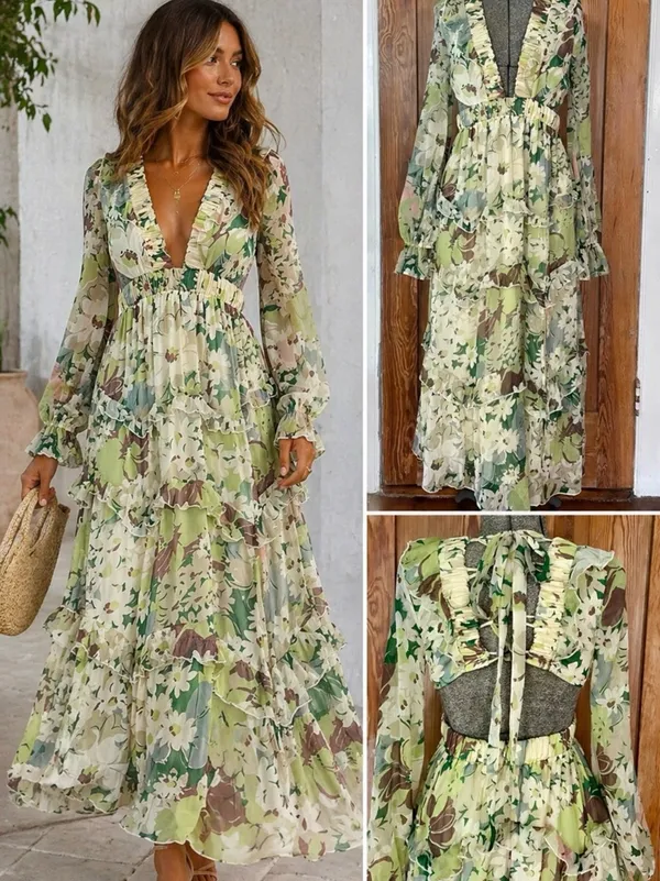 NWT ASOS DESIGN Tiered Ruffle Floral Strappy Lace Up Back Midi Dress ~ 6💛 - Image 2