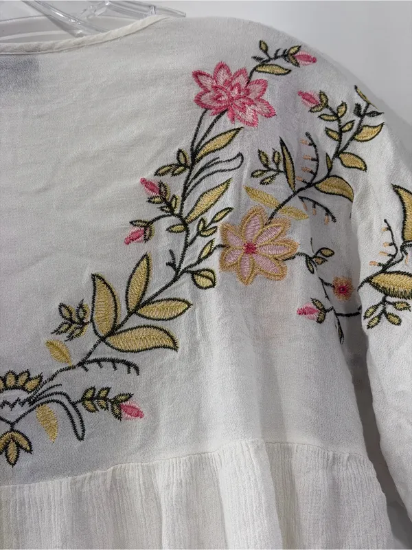 VICI White V-Neck Embroidered Boho Top with Pink & Yellow Floral - Image 4