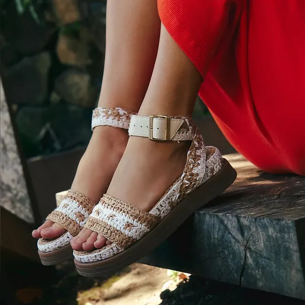 Free People FP Roma Raffia Slip On Ankle Strap Platform Sandals Tan White 8 - Image 2
