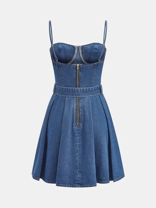 Commence Blue Denim Sweetheart Mini Dress with Belt XS NEW - Image 4