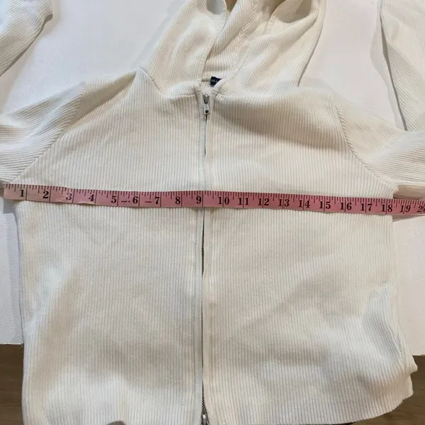 Brandy Melville Ivory Ribbed Cropped Zip Up Hoodie Fitted Y2K - Image 6