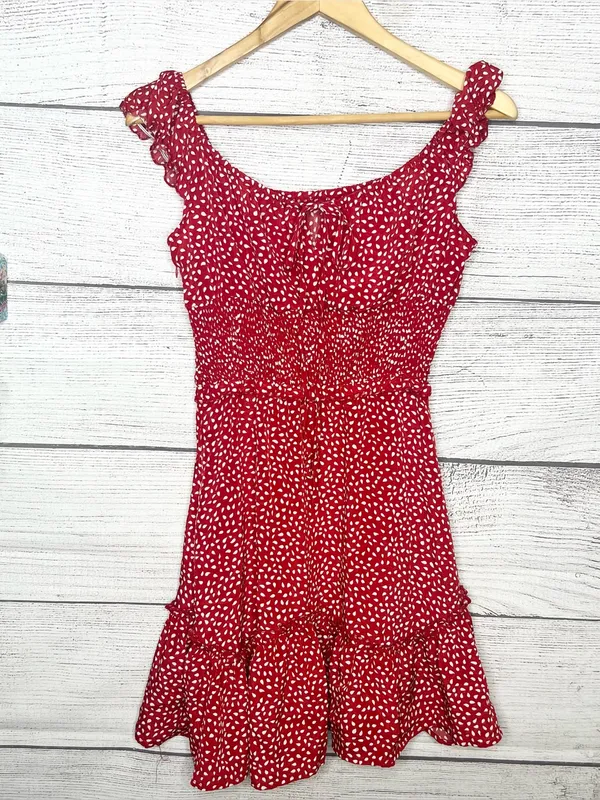 Red & White Polka Dot Smocked Sleeveless Mini Dress with Ruffle Hem Size Small - Image 3