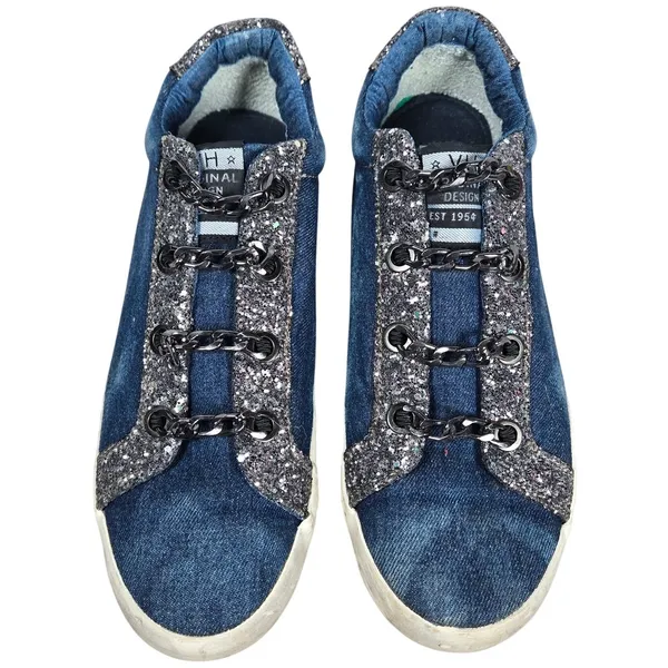 Vintage Havana Denim Glitter Chain Embellished‎ Low Top Sneakers Shoes Womens 10 - Image 2