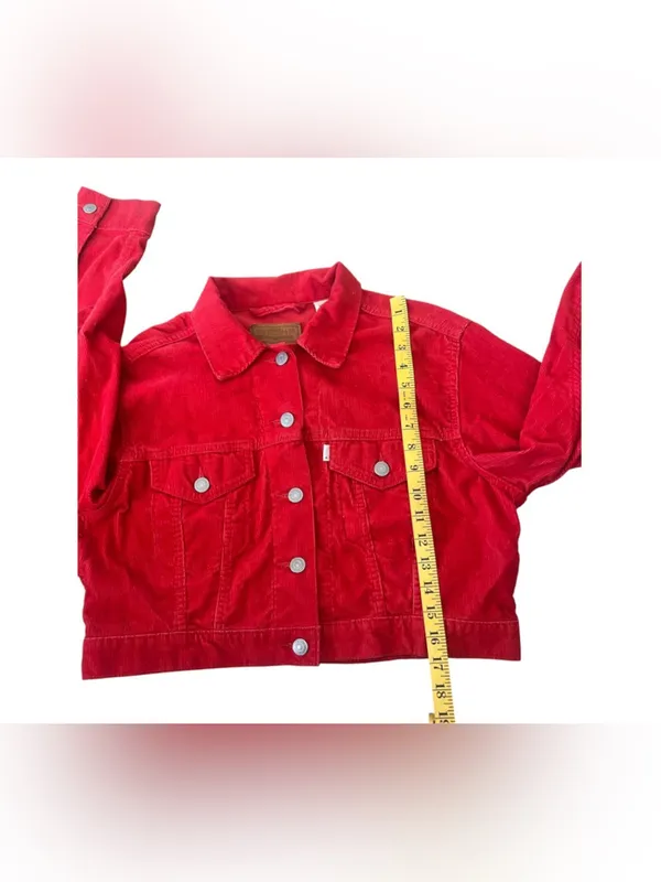 LEVI’S PREMIUM Red Corduroy Cropped Trucker Jacket - Medium White Tab - Image 4