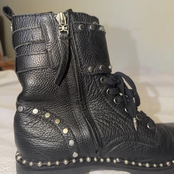 Sam Edelman Jennifer Studded Combat Boots Zip Up Laces Black Leather Women's 8 - Image 4