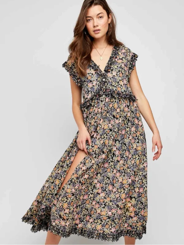 Free people Bohemian Floral Milania Maxi Dress Dark Combo Maxi Top Duster Small - Image 15
