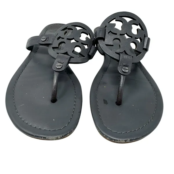 TORY BURCH Gray Grey Leather Miller Classic Designer Logo Sandals Flip Flop Sz 9 - Image 2