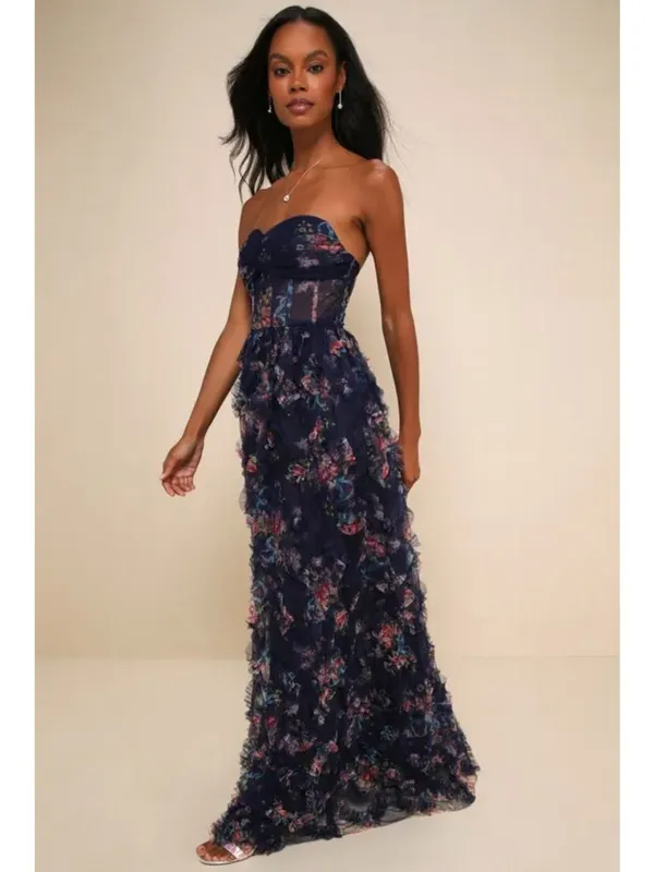 NWT Lulus Stunning Element Navy Floral Mesh Ruffled Strapless Maxi Dress - Small - Image 10