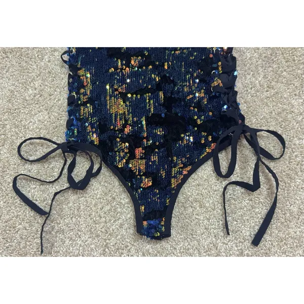 iHeartRaves Sequin Burnout Lace Up Bodysuit Rave Festival Party EDM Size S - Image 3