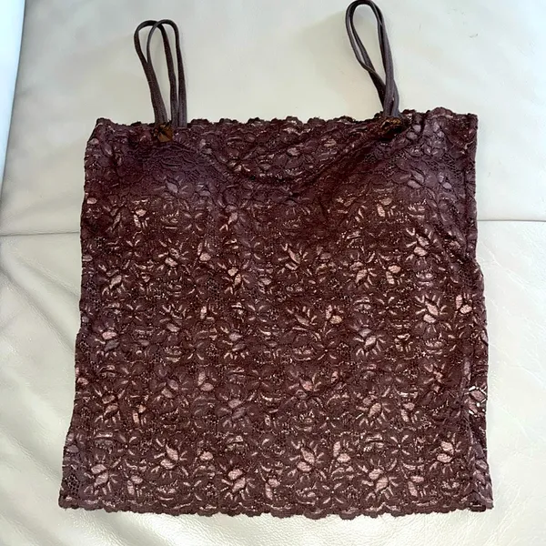 Y2K Brown Lace Built-In Bra Stretchy Cami Tank Top Size S - Image 2