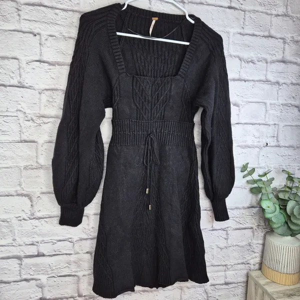 Free People Emmaline Mini Sweater Dress Black XS Cable Knit Balloon Sleeve Fall - Image 5