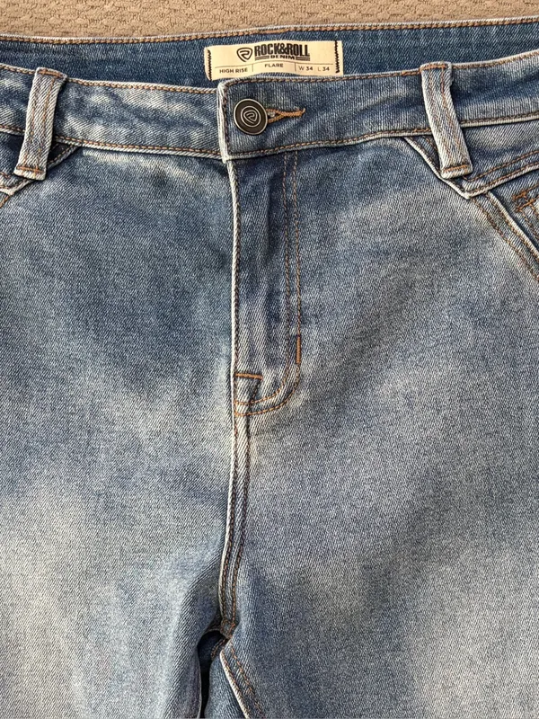Rock & Roll Denim High Rise Flare Jeans W34 L34 Blue Stretch Western - Image 3