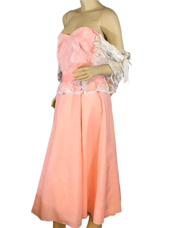 Vintage Mid To Late 70'S Peach Off-The-Shoulder Lacey Party Dress (M) - Image 3