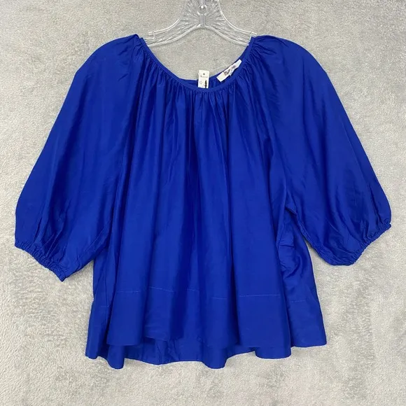 Madewell Top Womens Small‎ Blue Shirred Puff Sleeve Top Cotton Silk NV194 - Image 7