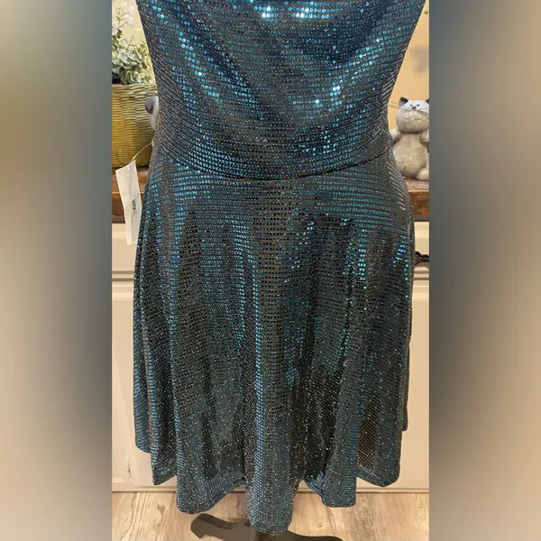 NWT B Darlin Blue Sequin Sparkly Cowl Neck Mini Dress - Image 5