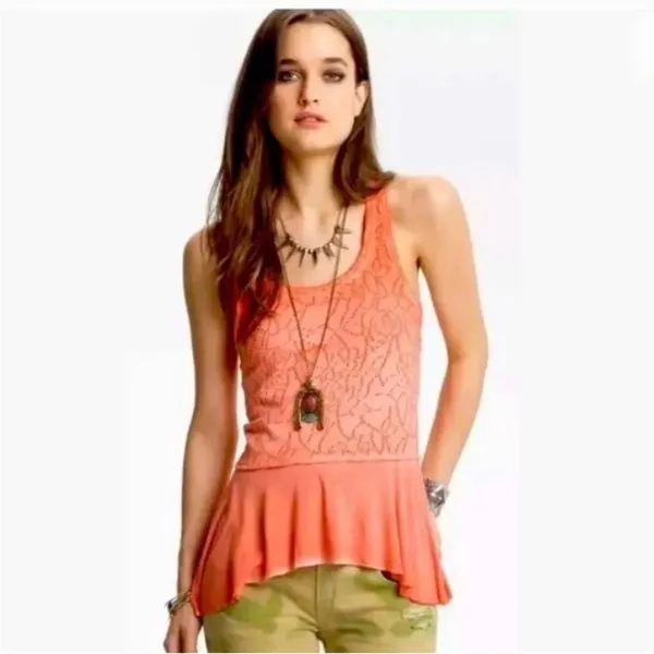 FREE PEOPLE Rally Tank‎ Top Orange Perforated Peplum Summer Tank EUC XS - Image 3