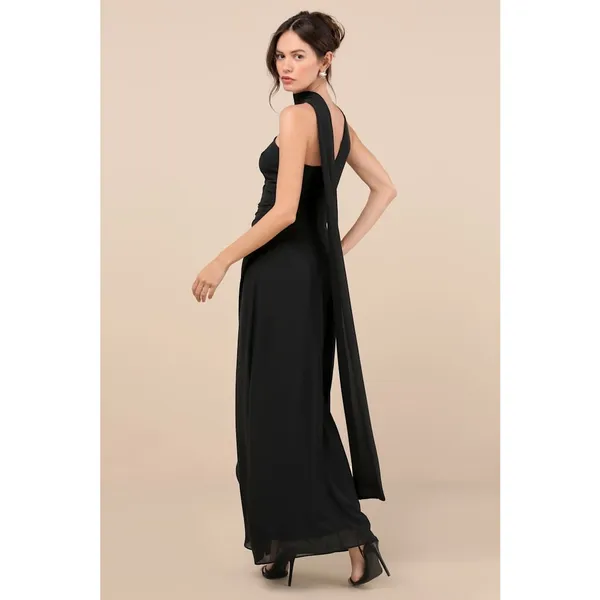 NWT Lulus Adeline Black One-Shoulder Scarf Maxi Dress Bridesmaid Banquet Size S - Image 3