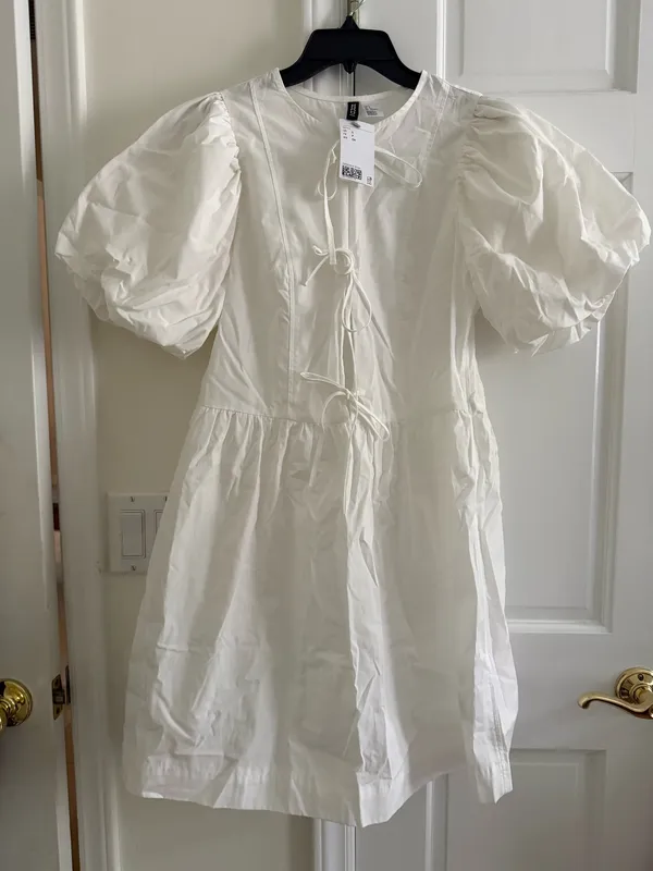 H&M White Puff Sleeve Tie Front Mini Dress - Image 7