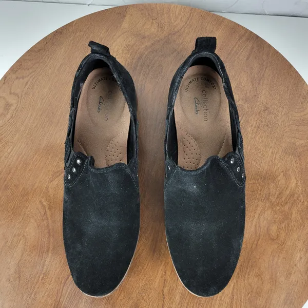 Clarks Collection Trish Bell Womens Size 7 Black Suede Studded Slip On Booties - Image 6