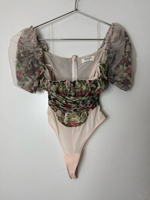 House of CB Nina Vintage Floral Gathered Mesh Bodysuit M - Image 2